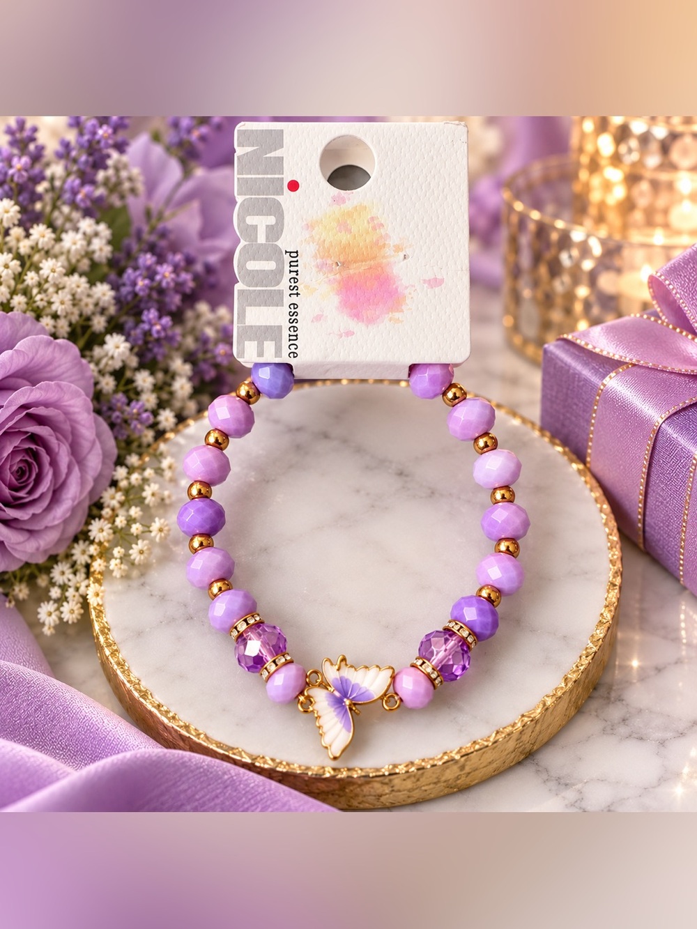 Nicole Collection Purple Lavender Butterfly Beaded Stretch Bracelet Gold Tone